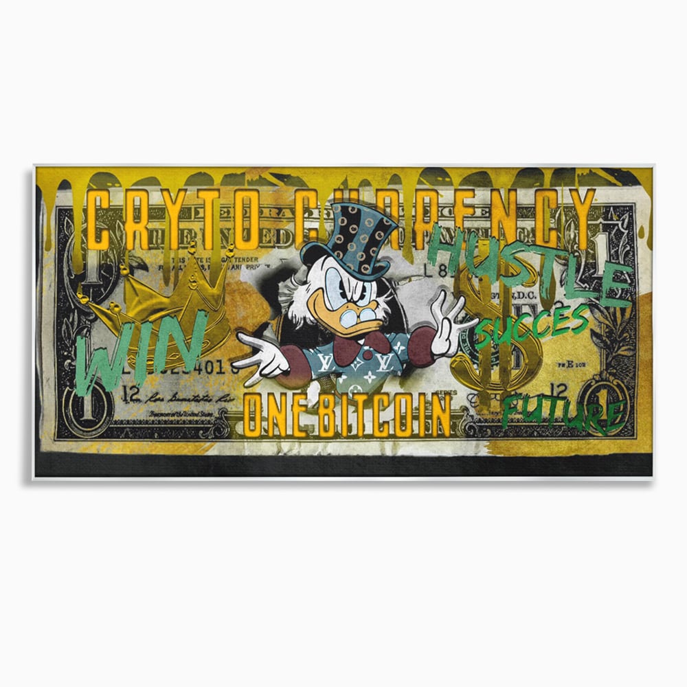 Tablou canvas cu tablou canvas cu donald duck si bitcoin, in rama de aluminiu argintiu